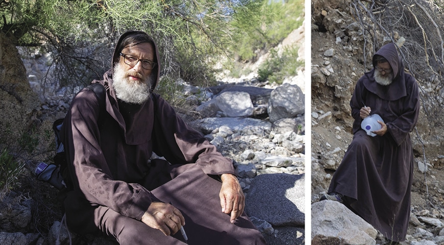 A friars searches the desert for the dead.