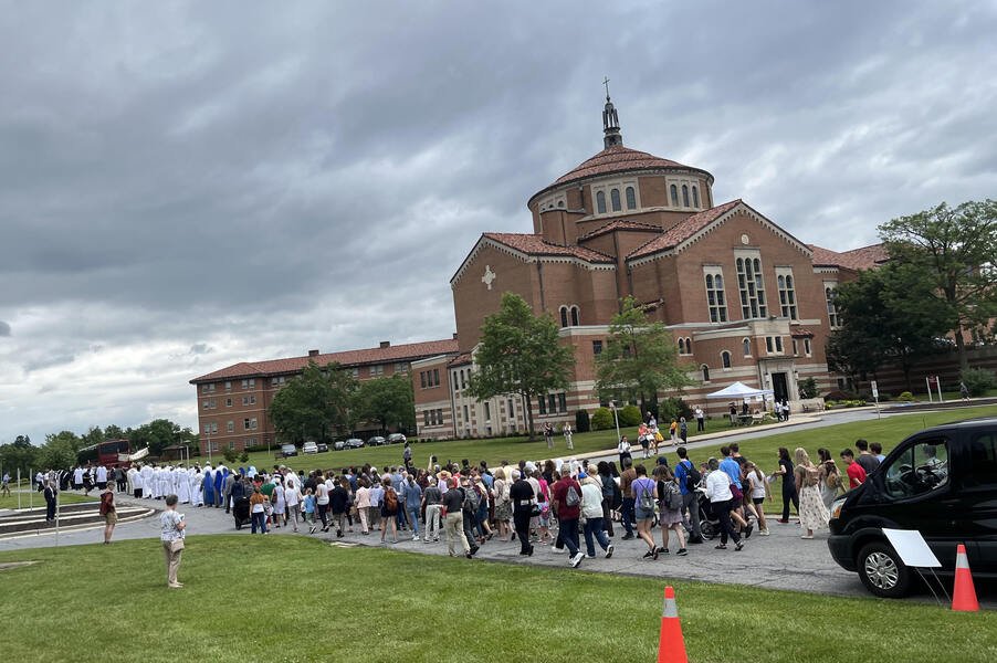 The Seton Route of the National Eucharistic Pilgrimage makes a stop at the National Shrine of St. Elizabeth Ann Seton in Emmitsburg, Md., June 6, 2024. The shrine stop on the pilgrimage's Seton Route drew more than 1,100 people. (OSV News photo/Gerry Jackson, Catholic Review)