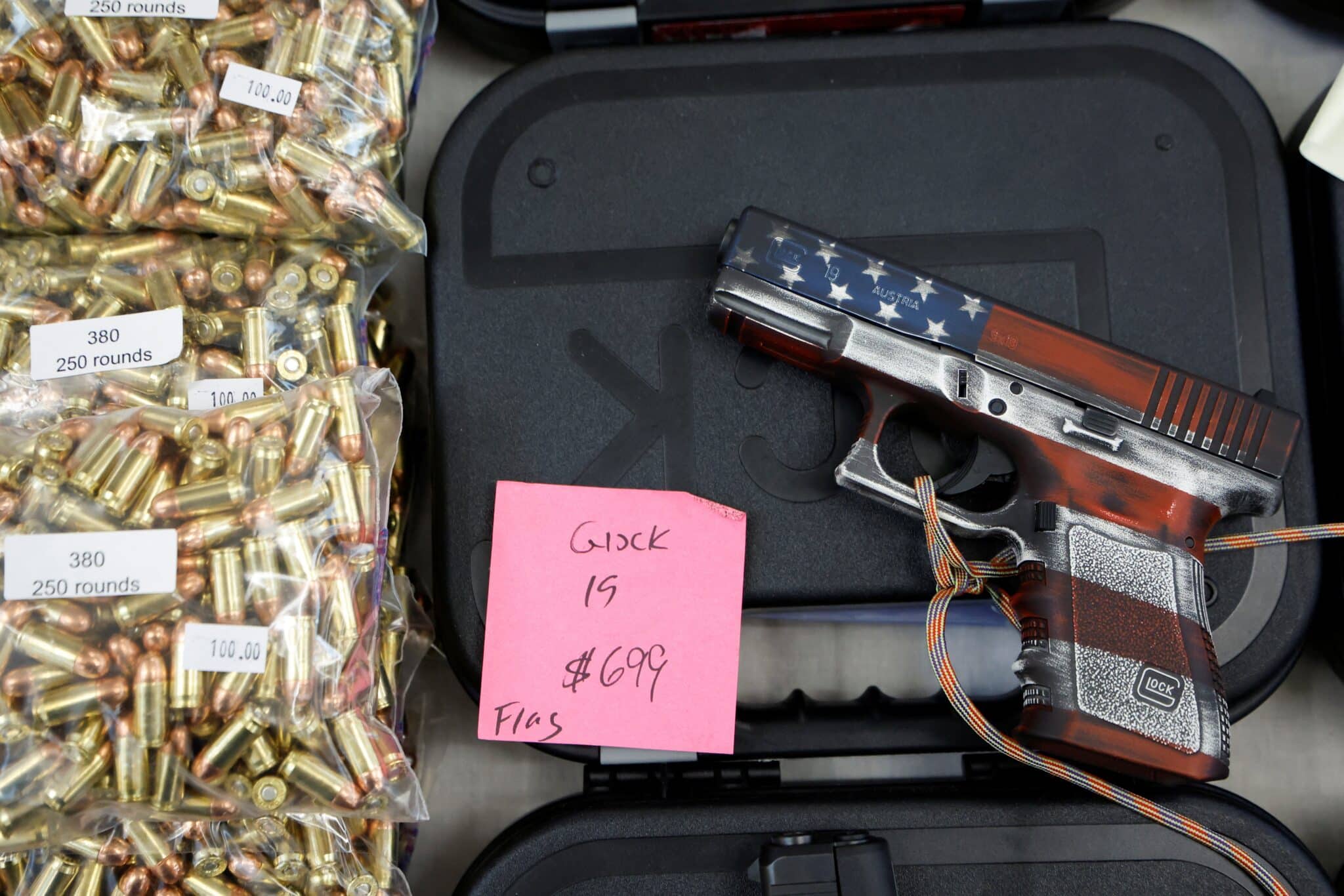 A U.S. flag-themed handgun is displayed for sale at the Des Moines Fairgrounds Gun Show at the Iowa State Fairgrounds in Des Moines March 11, 2023.