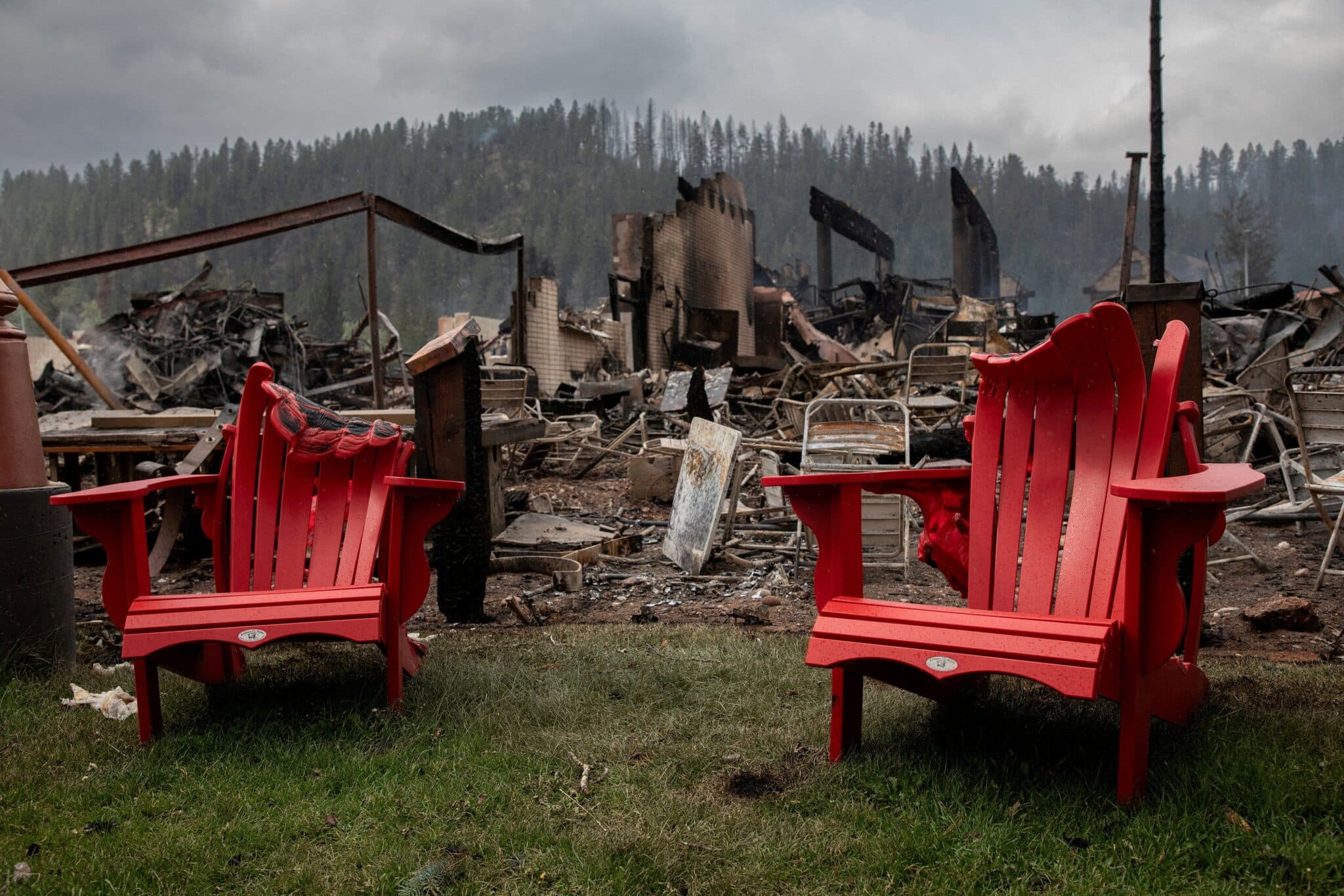 Melted chairs are shown outside the burned Maligne Lodge July 26, 2024, after wildfires encroached into Jasper, Alberta, in the overnight hours of July 24 and 25. Archbishop Richard W. Smith of Edmonton, Alberta, conveyed his "sorrow, solidarity and support to the people of Jasper and the parish community of Our Lady of Lourdes" in a July 25 statement.