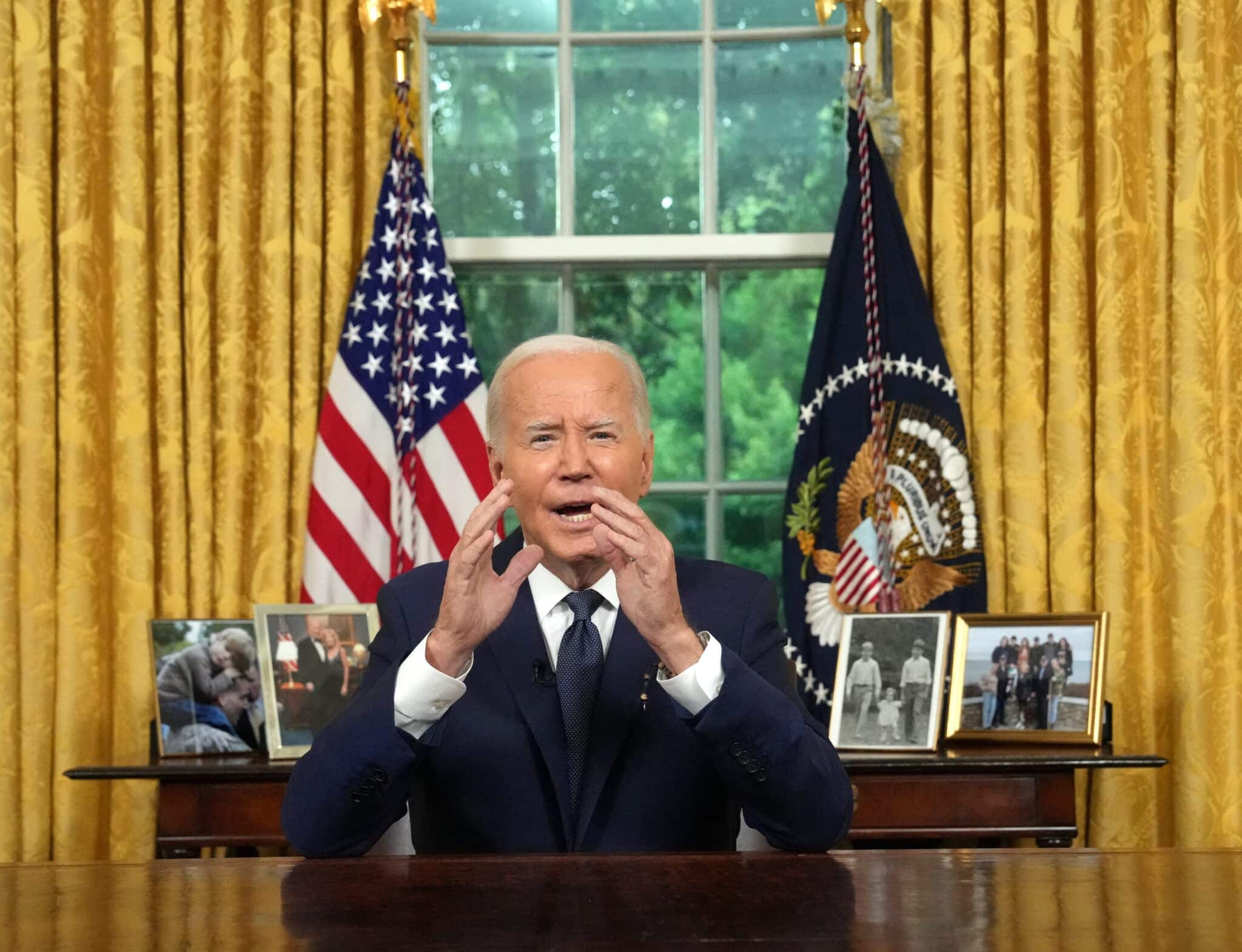 U.S President Joe Biden delivers an address to the nation from the Oval Office of the White House in Washington July 14, 2024, the evening after Republican presidential candidate and former U.S. President Donald Trump survived what law enforcement called an assassination attempt. President Biden condemned political violence and urged Americans to "lower the temperature in our politics." In a briefing July 14, FBI officials told reporters they had yet to determine what motivated the shooter to open fire from a nearby rooftop, killing one spectator and critically injuring two others before he was shot dead by the Secret Service. (OSV News photo/Erin Schaff, pool via Reuters)