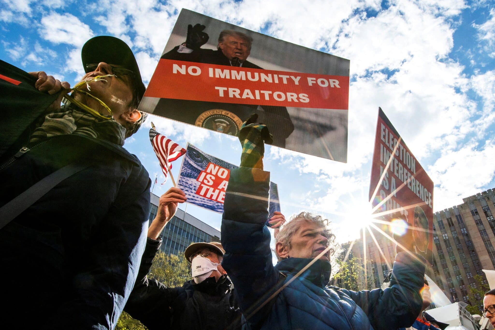 People march as they protest against Republican presidential candidate and former U.S. President Donald Trump, during his hush money trial, near the Manhattan Criminal Court in New York City April 25, 2024. The Supreme Court heard arguments April 25 over whether Trump is immune from prosecution in a separate case charging him with plotting to overturn the results of the 2020 presidential election. (OSV News photo/Eduardo Munoz, Reuters)