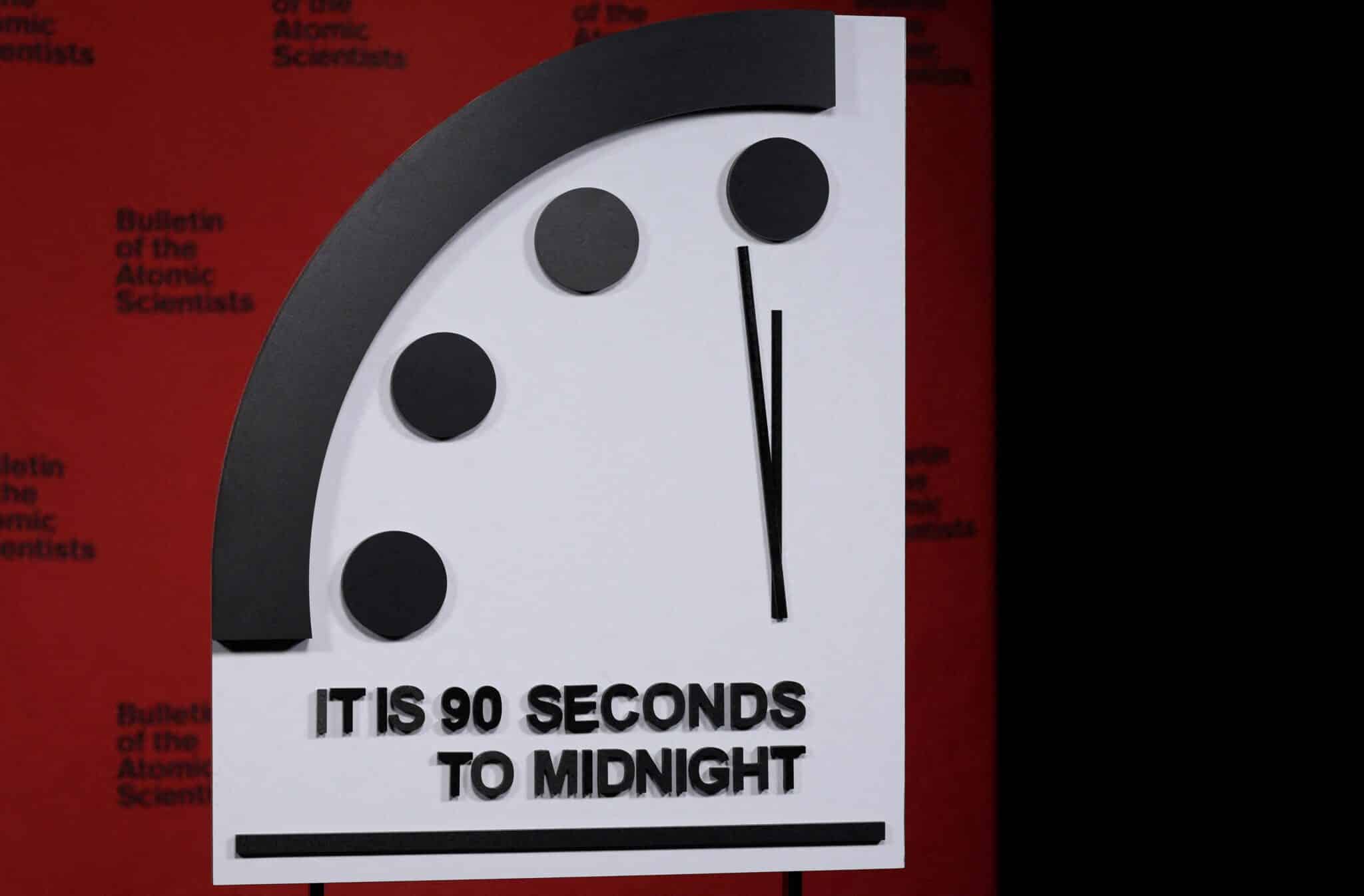 The clock with the Bulletin of the Atomic Scientists is placed ahead of the announcement of the location of the minute hand on its Doomsday Clock, indicating what world developments mean for the perceived likelihood of nuclear catastrophe, at the National Press Club in Washington Jan. 24, 2023. The designation remained unchanged as of Aug. 6, 2024.