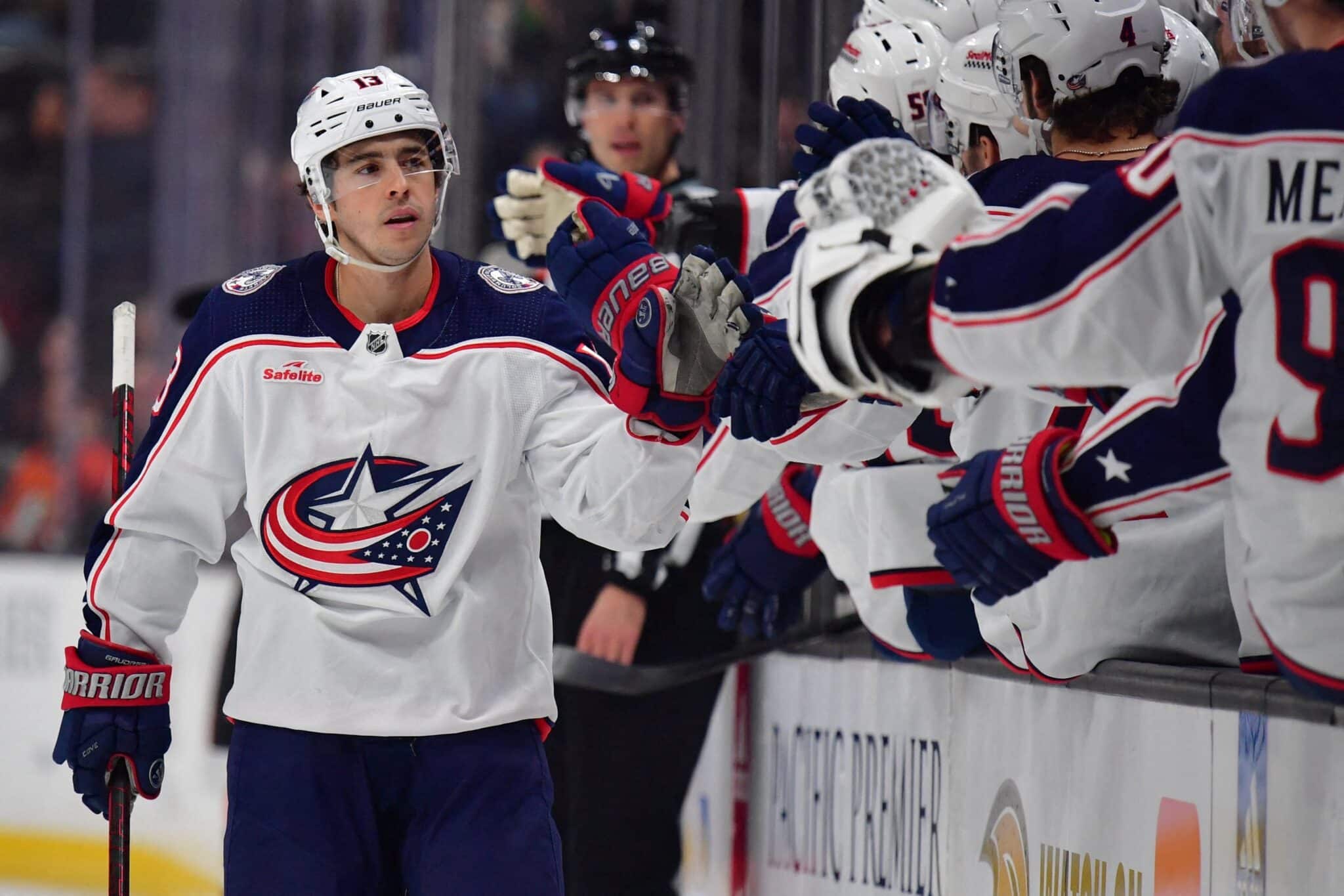 Columbus Blue Jackets left wing Johnny Gaudreau (13) celebrates his goal scored against the against the Anaheim Ducks during the first period at Honda Center in Anaheim, Calif., Feb 21, 2024. Gaudreau and his brother, Matthew, were killed the evening of Aug. 30, 2024, when they were struck by Sean M. Higgins of Woodstown, N.J., a suspected drunk driver, while bicycling in Oldmans Township, close to their hometown in Salem County, New Jersey State Police said.