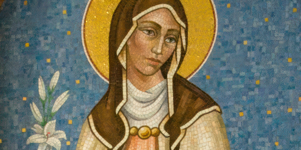 a tile mosaic art piece depicting St. Clare