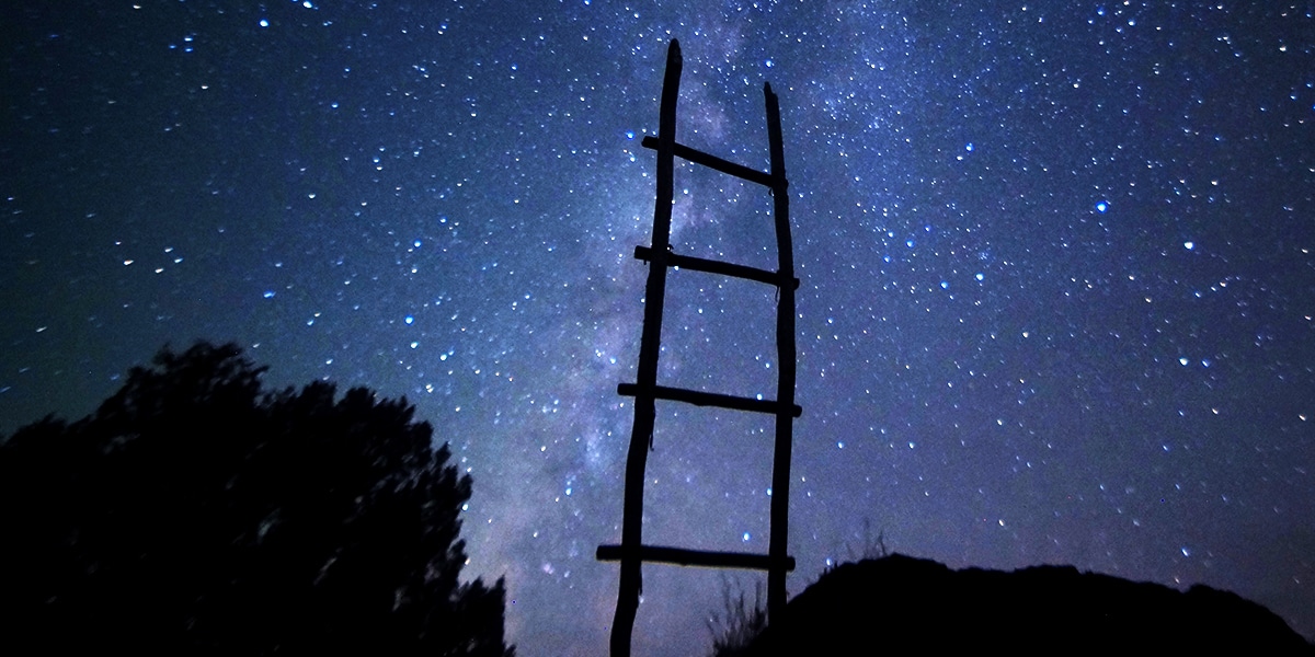 An old ladder reaching into the night starry sky.