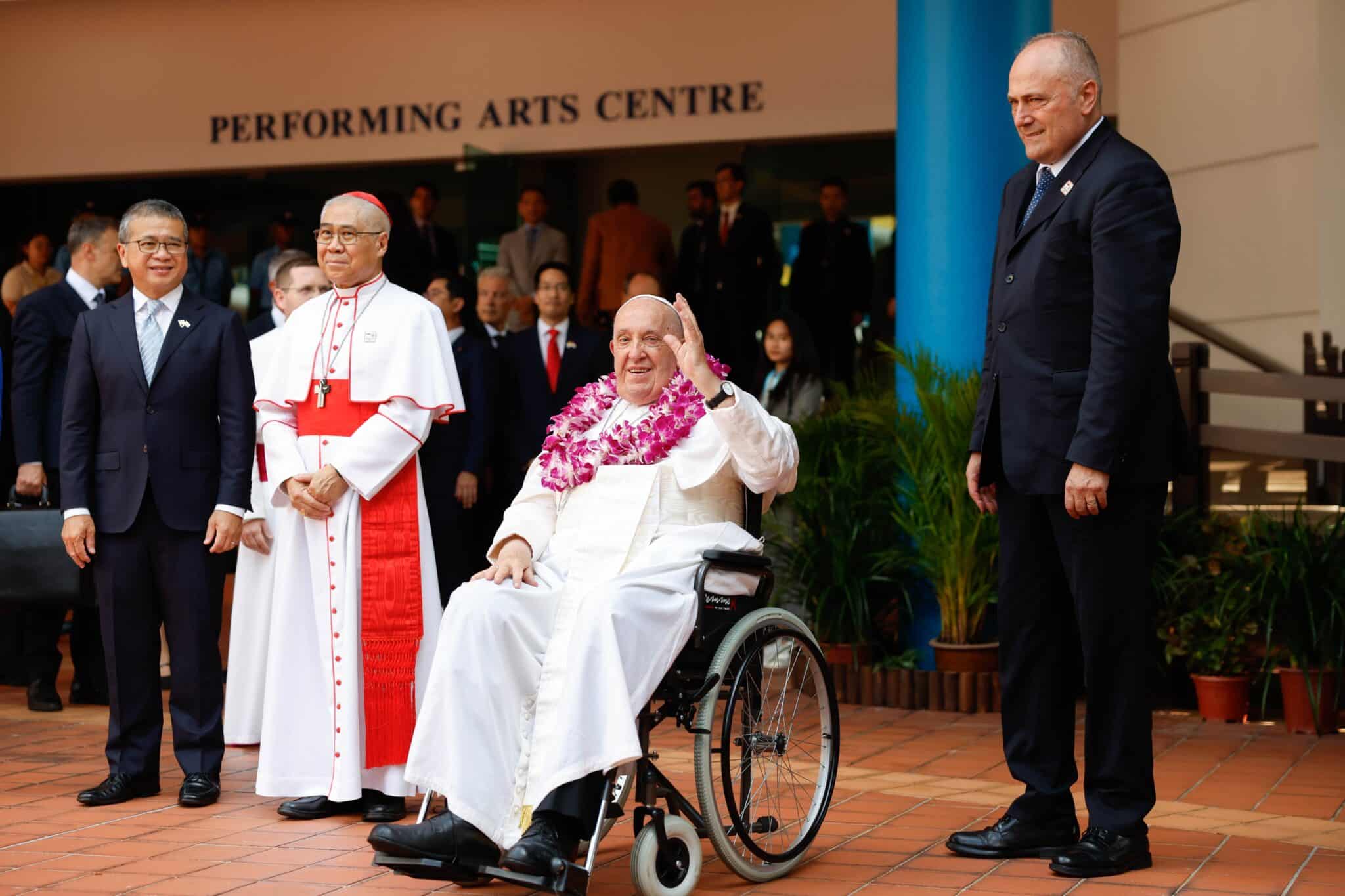 Pope Francis arrives at the Catholic Junior College in Singapore for an interreligious meeting with young people Sept. 13, 2024.