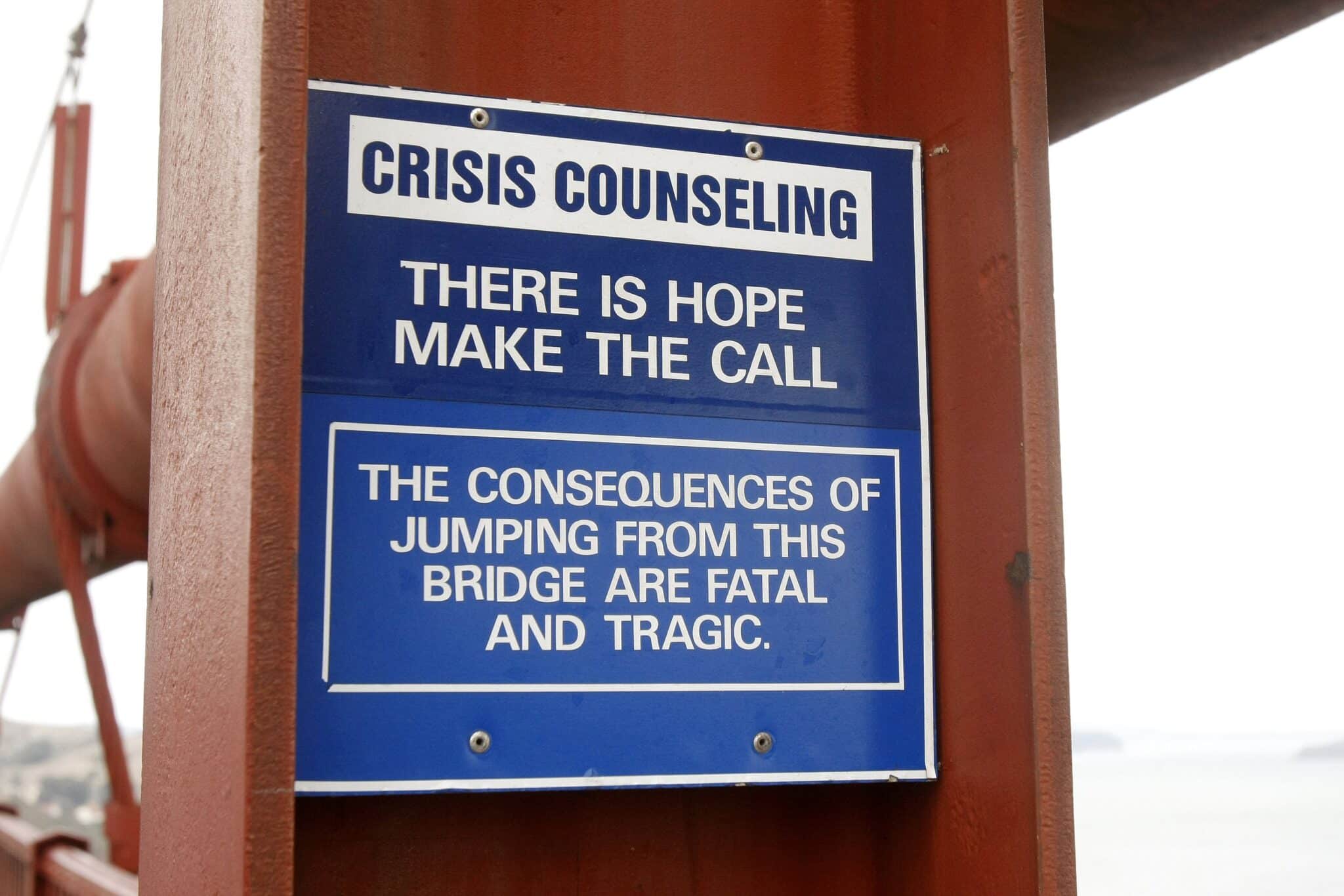 A suicide prevention sign is seen on the Golden Gate Bridge in San Francisco in 2008. Catholic ministry leaders shared with OSV News pastoral strategies for preventing suicide, as the nation observes Suicide Prevention Month in September. (OSV News photo/Gregory A. Shemitz)