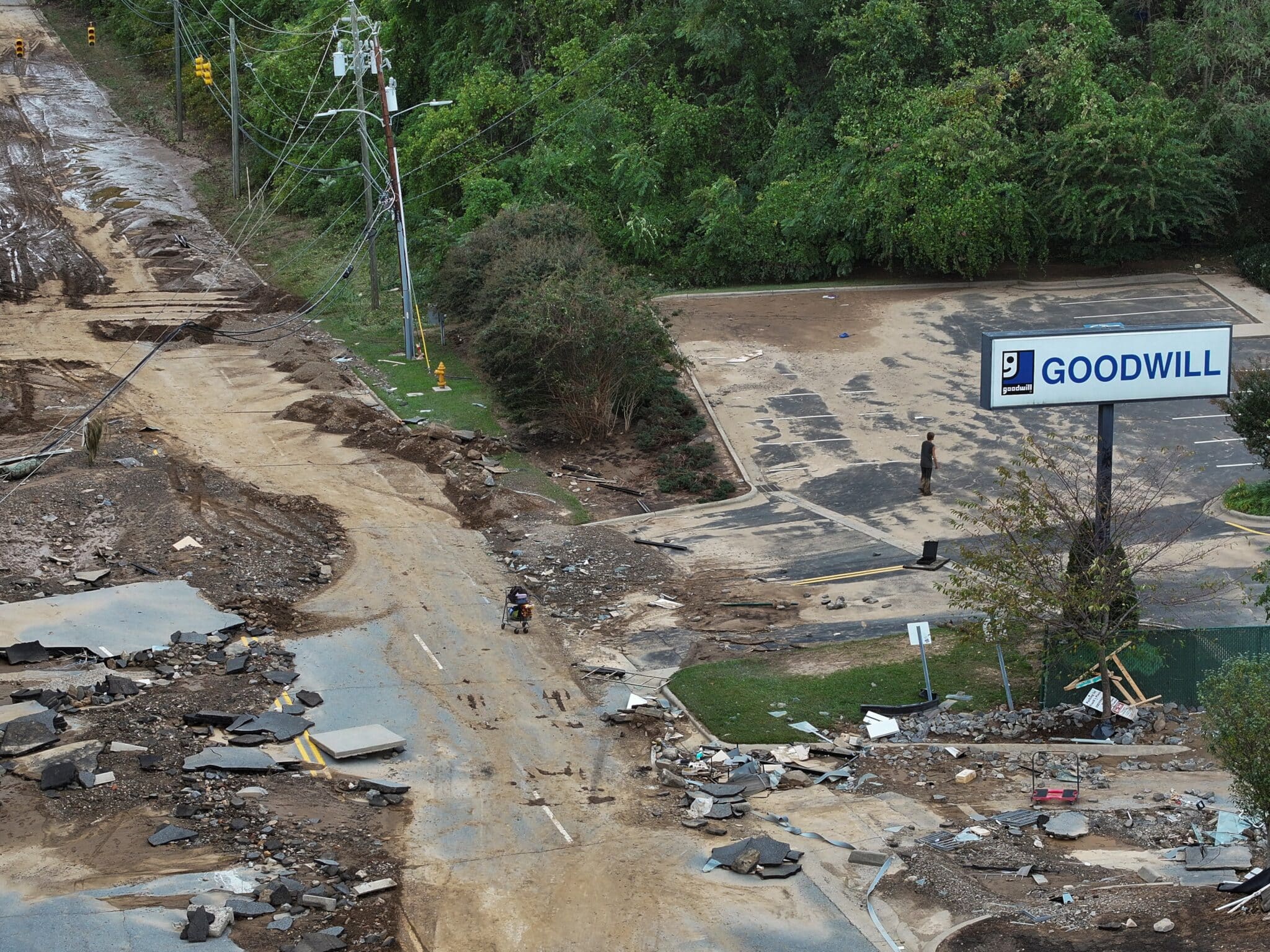 A drone view Sept. 29, 2024, shows a damaged area in Asheville, N.C., following the passing of Tropical Storm Helene.