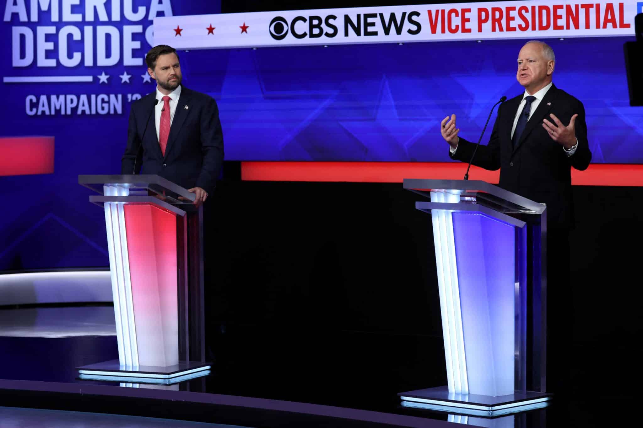 Republican vice presidential nominee Sen. JD Vance of Ohio and Minnesota Gov. Tim Walz, the Democratic vice presidential nominee, take part in their first and only debate at the CBS Broadcast Center in New York City Oct. 1, 2024.