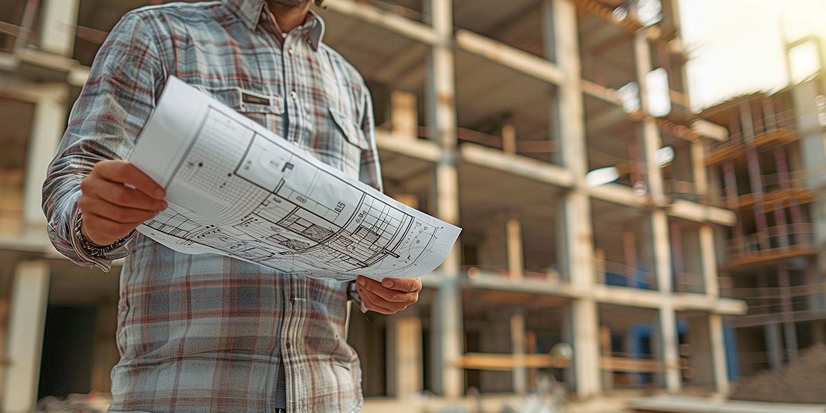 man holding a blueprint at a construction side