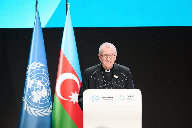 Cardinal Pietro Parolin, Vatican secretary of state, addresses the COP29 Leaders Climate Action Summit Nov. 13, 2024, in Baku, Azerbaijan.