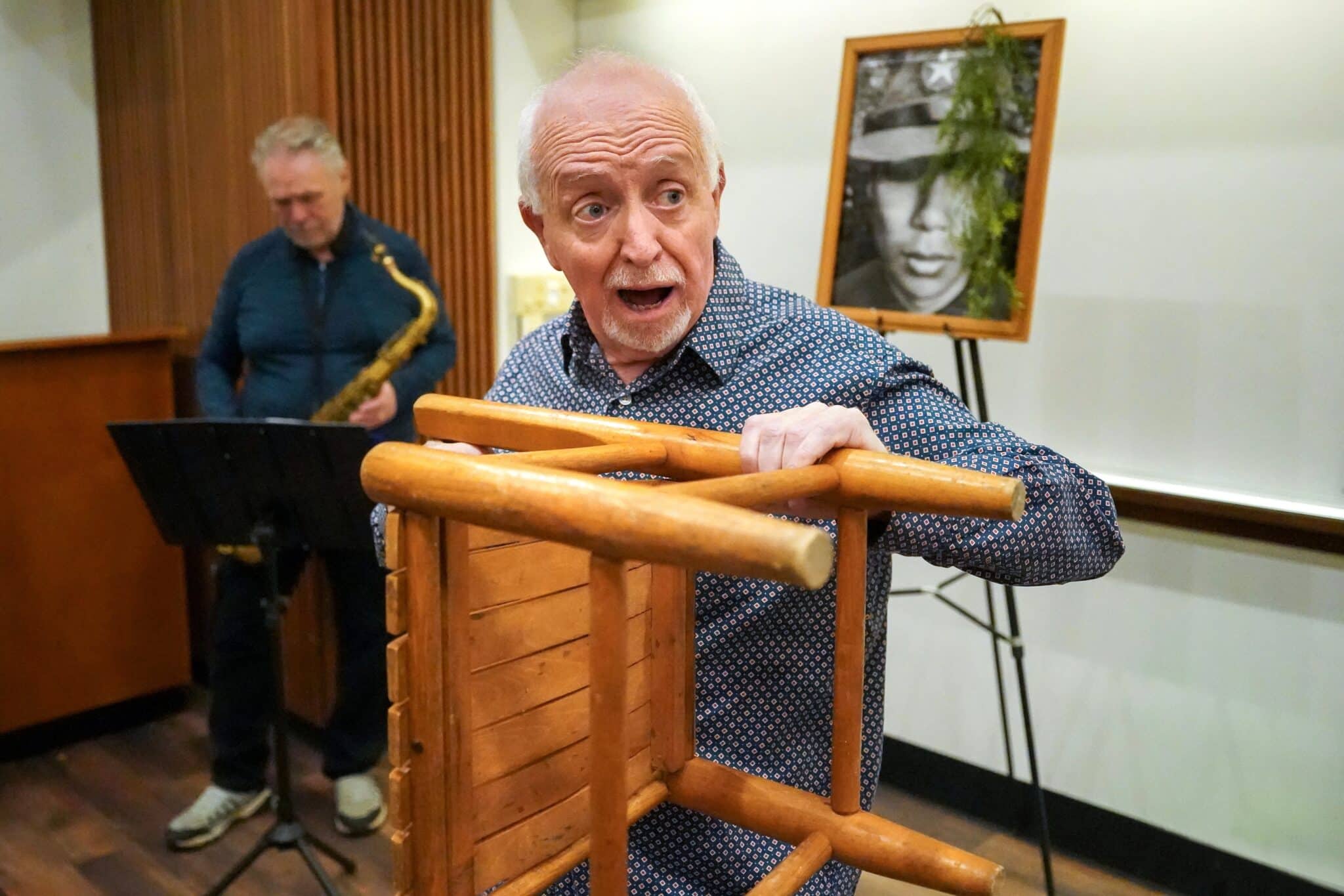 Writer and actor Patrick Sandford rehearses "Groomed" with saxophone player Marcus Benoit before their performance Oct. 20, 2024, at Siena College in Loudonville, N.Y. The play addresses child sexual abuse.