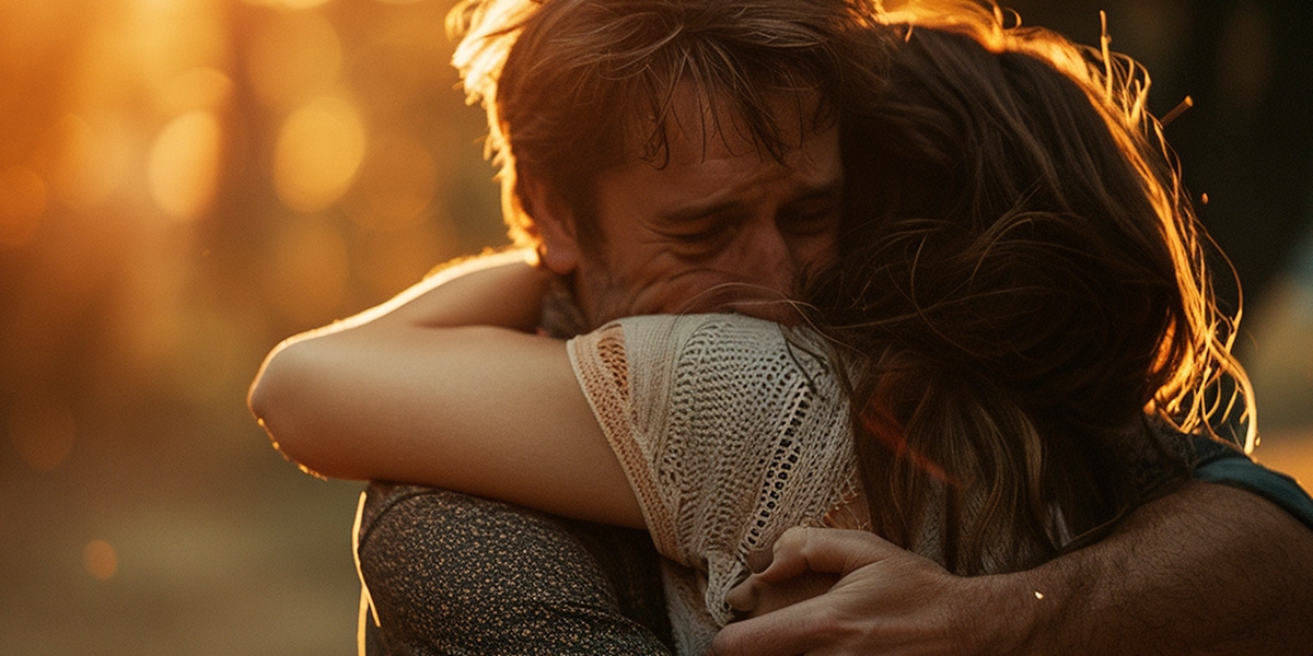 man and woman hugging and forgiving each other.