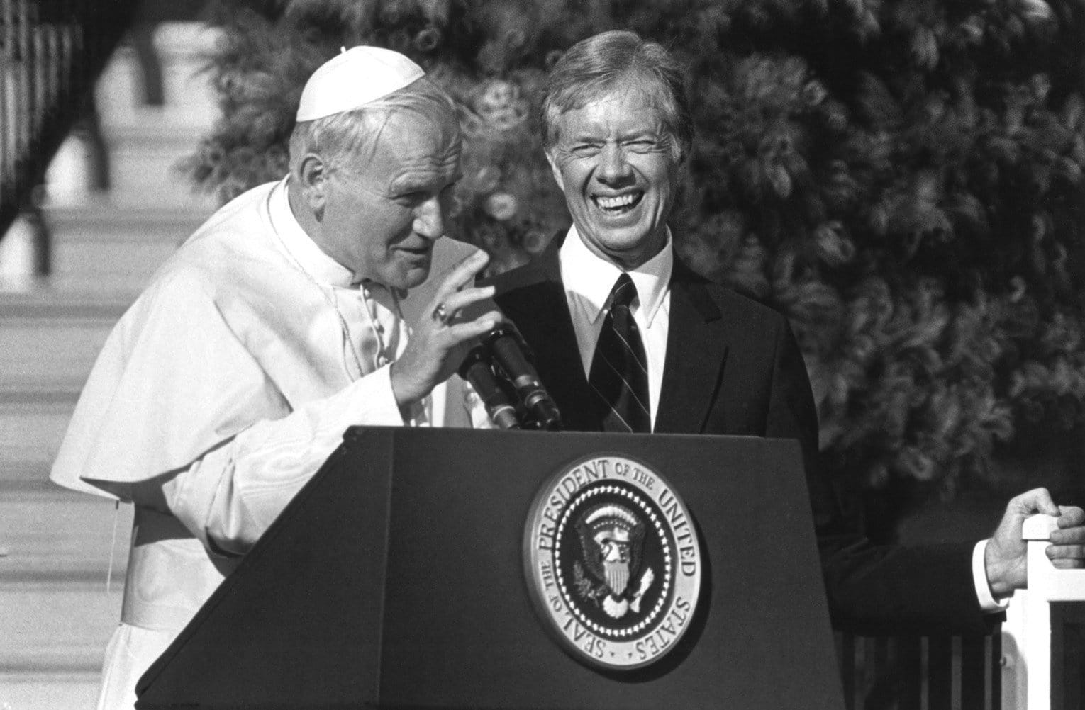 St. John Paul II addresses a press conference with President Jimmy Carter in the Rose Garden at the White House Oct. 6, 1979.