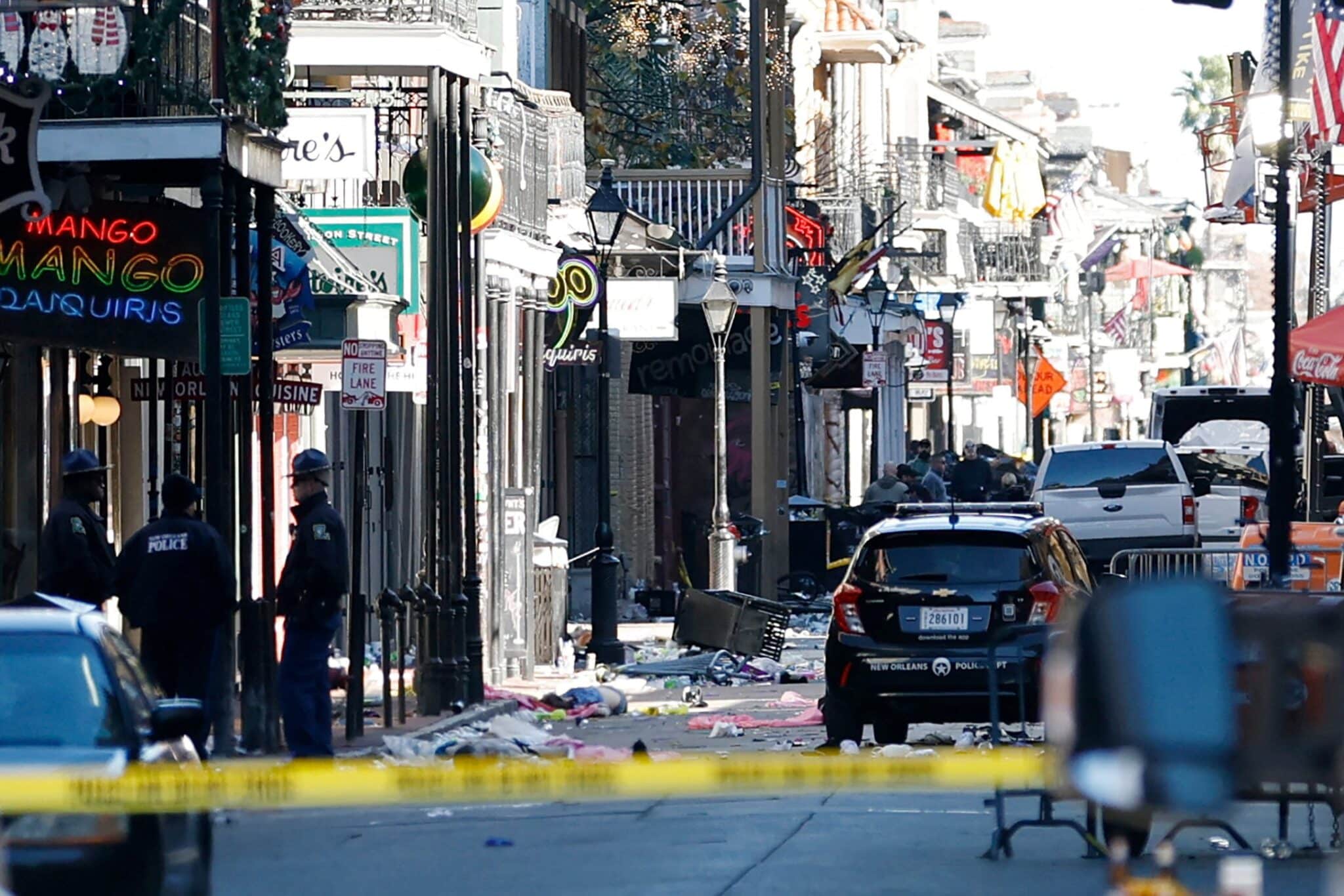 Debris is left along Bourbon Street after a pickup truck was driven into a large crowd in the French Quarter of New Orleans Jan. 1, 2025. A driver wrought carnage on New Orleans' famed French Quarter early on New Year's Day, ramming a pickup truck into a crowd and killing at least 15 people and injuring dozens before being shot to death by police, authorities said.