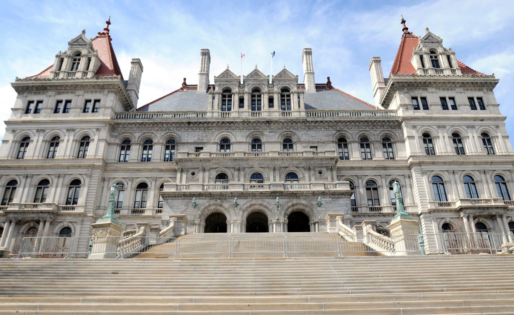 A file photo shows the front of the New York state Capitol in Albany. New York is now the first state to offer paid prenatal care leave to expectant mothers. As of Jan. 1, 2025, privately-employed New Yorkers will be able to receive an additional 20 hours of paid leave for prenatal medical appointments, fertility treatments and abortion. The law was the result of a bipartisan legislative effort and was signed into law by Gov. Kathy Hochul.