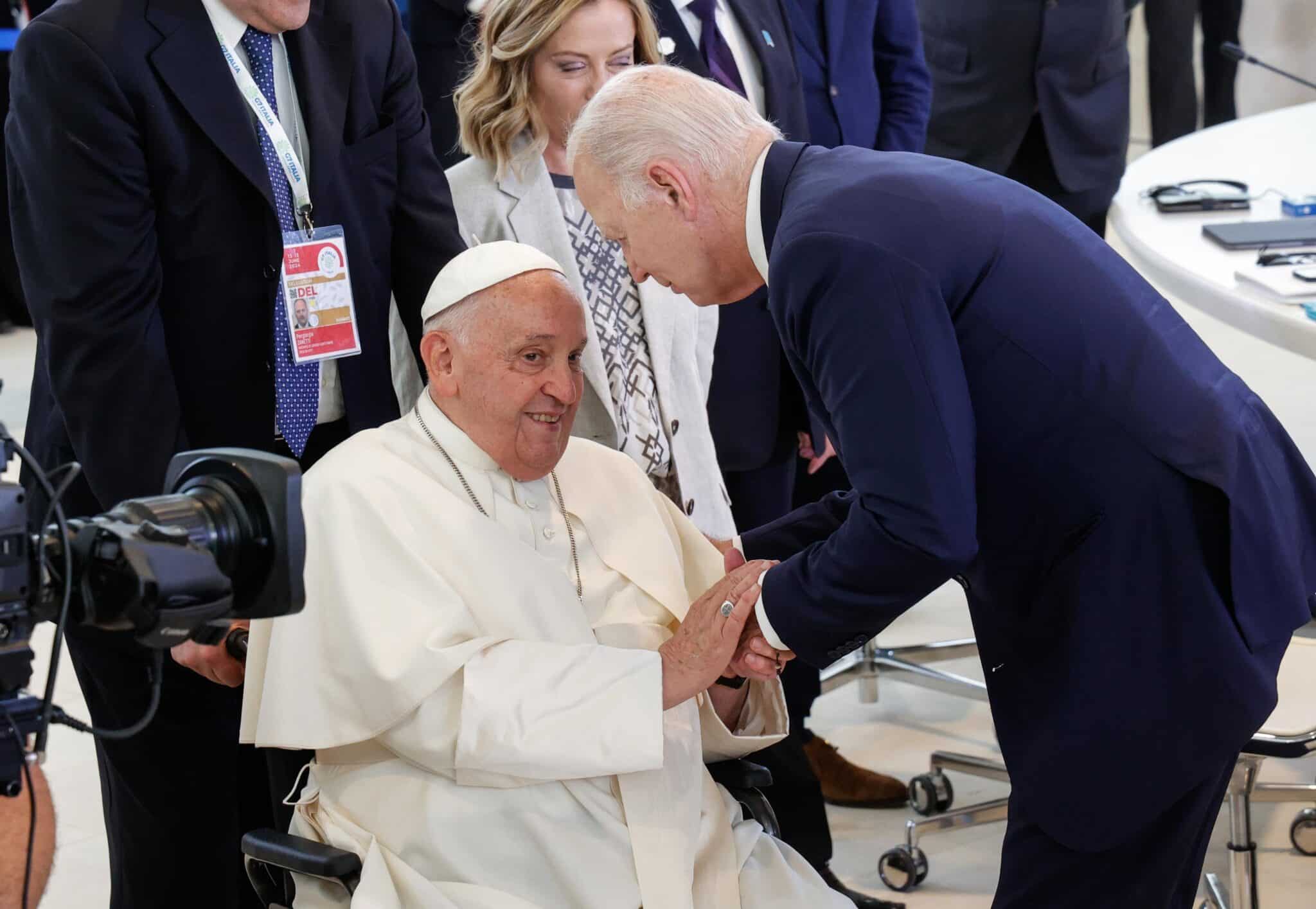 Pope Francis greets U.S. President Joe Biden June 14, 2024, before the pontiff gave a speech to world leaders at the Group of Seven summit in Borgo Egnazia in Italy's southern Puglia region. On Jan. 11, 2025, Biden spoke with the pope from the White House in Washington and named him as a recipient of the Presidential Medal of Freedom with Distinction. Biden had been scheduled to have an audience with the pope during a Jan. 9-12 trip to Rome but the president canceled the trip to amid the California wildfires.