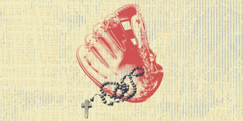 Baseball mitt with a rosary