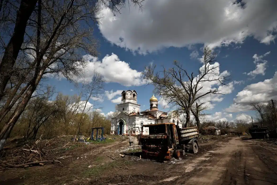 A church in Lukashivka, Ukraine, that was destroyed by Russian shelling is pictured April 27, 2022. (OSV News photo/Zohra Bensemra, Reuters)