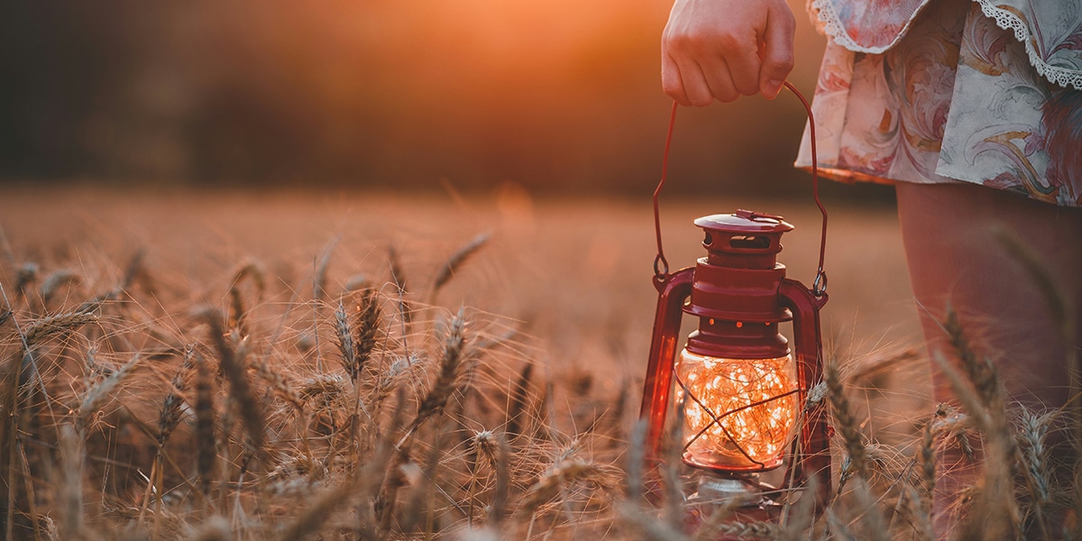 person walking through a field holding a lantern