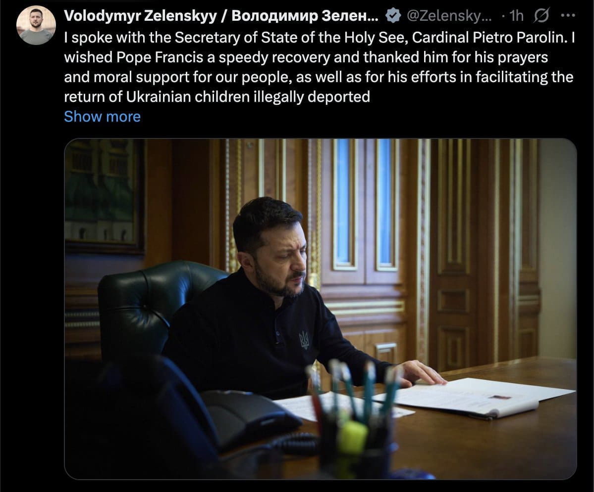 Ukrainian President Volodymyr Zelenskyy posts on X March 14, 2025, about a conversation he had with Cardinal Pietro Parolin, Vatican secretary of state.