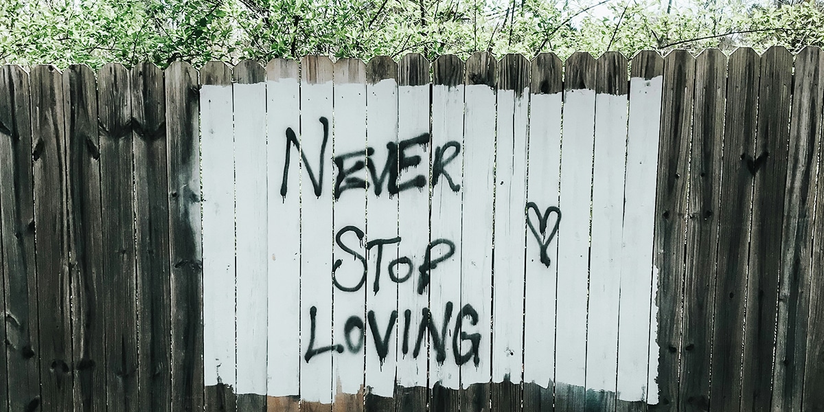 a wooden fence with the message "Never stop loving" spray painted on it.