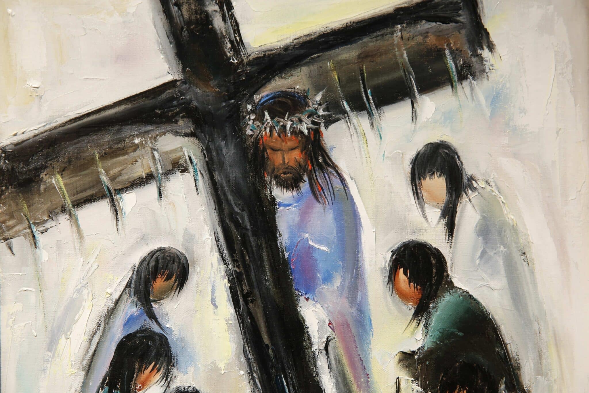 Shown is a detail of the eighth station -- Jesus meets the women of Jerusalem -- in Ted DeGrazia's Way of the Cross series on exhibit at the DeGrazia Gallery in the Sun in Tucson, Ariz. The artist painted the series in 1964 for the Newman Center at the University of Arizona. (CNS photo/Nancy Wiechec)