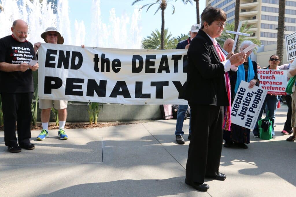 Sister Helen Prejean, a death penalty abolitionist, is seen in Anaheim, Calif., calling for an end to the death penalty in this 2016 file photo. In a statement issued through the progressive group MoveOn, the Sister of St. Joseph said her mission was both to serve as Texas death-row inmate Ivan Cantu's spiritual adviser during his incarceration and "publicly share the injustice" of his execution Feb. 28, 2024. (OSV News photo/CNS file, J.D. Long-Garcia, The Tidings)